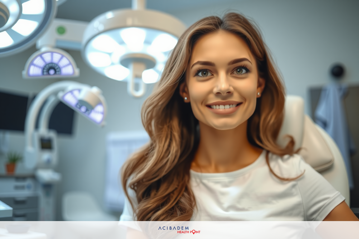 In the image, a young woman is seated in a medical chair inside an office with medical equipment. The room has a clean and sterile environment, typical of a modern medical clinic.