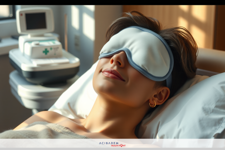 The image features a woman in a hospital bed. She is resting with her eyes closed, wearing an eye mask and has a serene expression on her face.