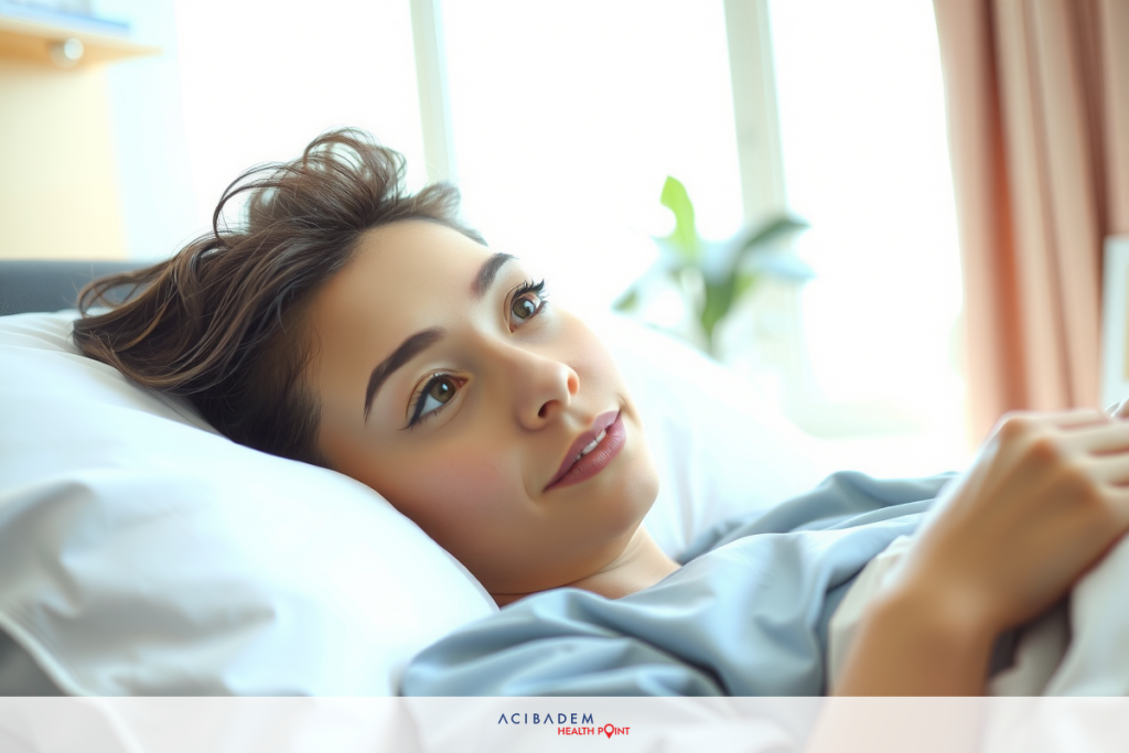 The image shows a young woman lying in a hospital bed, wearing a light-colored outfit that suggests medical attire. Her expression is calm and focused.