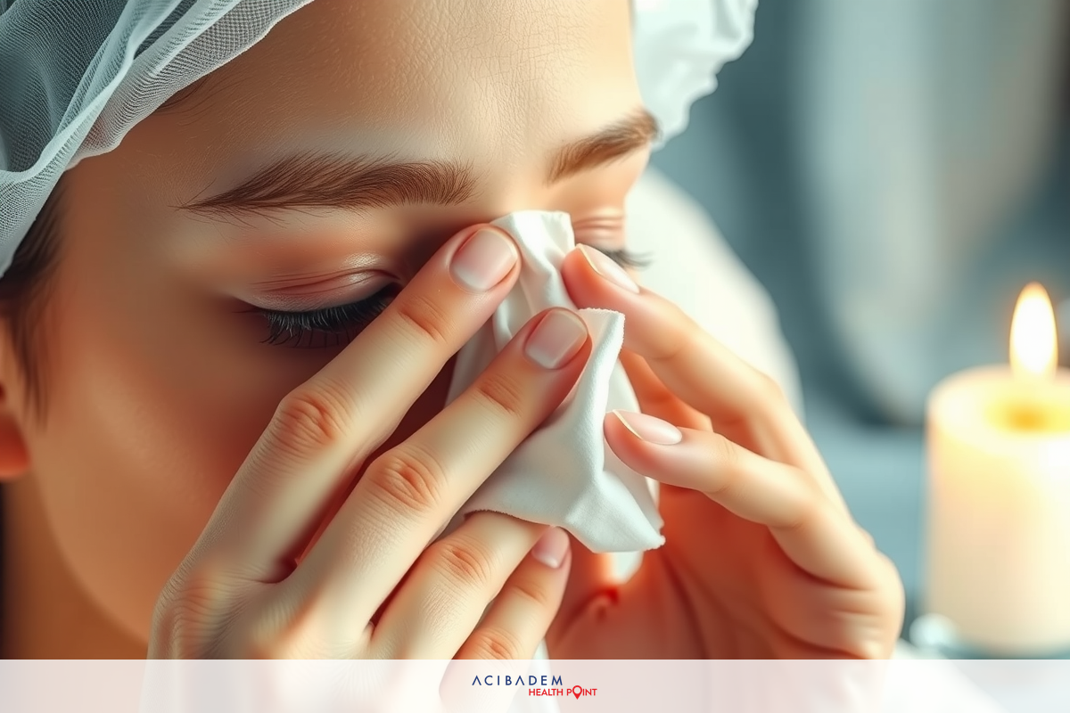 A woman in a surgical cap is touching her nose, possibly indicating concern or illness. The image has a warm tone and emphasizes the sense of well-being through the use of candlelight in the background.