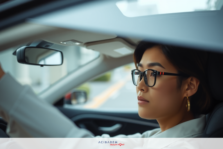 The image features a person driving an electric vehicle. The individual is wearing glasses and appears to be focused on the road ahead.