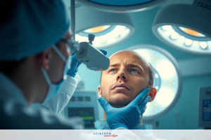 This is a color photograph featuring a male patient lying down on an operating table within what appears to be a medical or surgical setting.