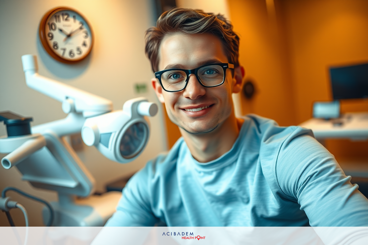 A smiling man wearing glasses is sitting at a medical office, looking directly into the camera. He has light-colored hair and is dressed in casual attire.