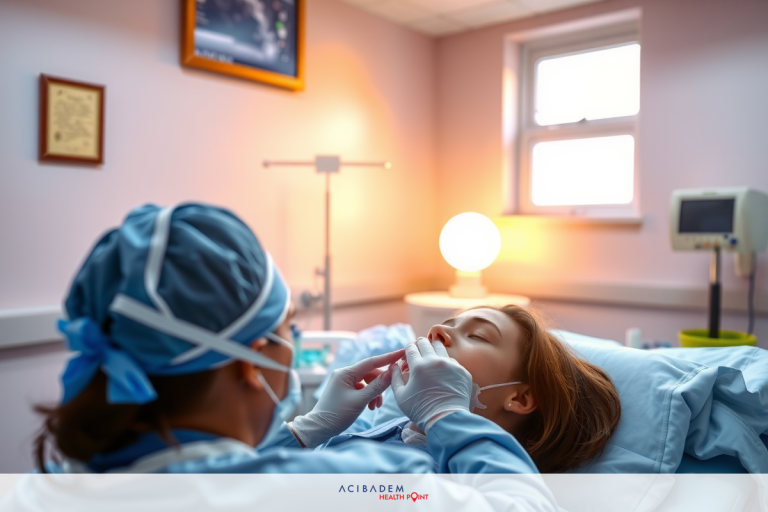 When Can I Get My Nose Wet After Rhinoplasty The image shows a medical setting with two individuals wearing surgical attire, including masks and gloves. One person is lying on a bed that appears to be in a hospital room, likely receiving medical treatment or care. The other individual stands beside the bed, possibly providing medical attention or assistance.