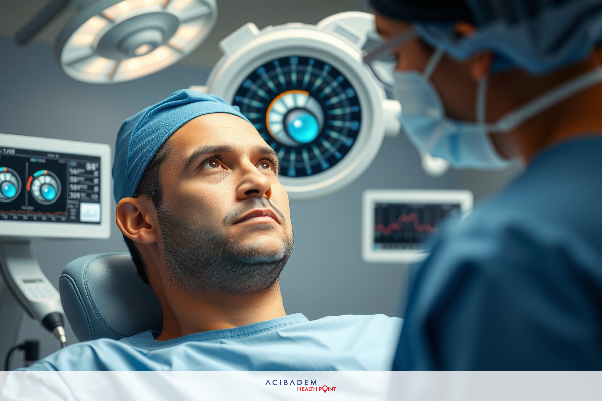 In a medical setting, man lying on hospital bed with surgical light illuminating the area; surgeons in scrubs standing near him, wearing masks.