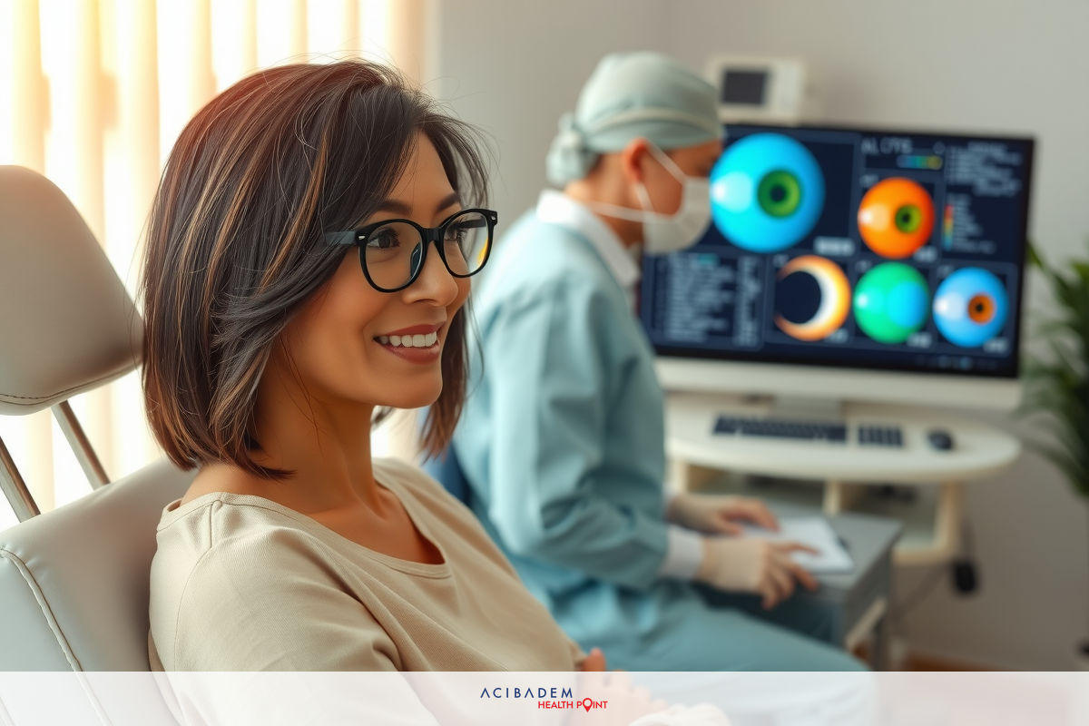 A woman sits in a chair with her legs crossed. She is smiling and wearing glasses. Behind her stands a healthcare professional dressed in scrubs, operating a computer screen with various medical graphs and information displayed on it.
