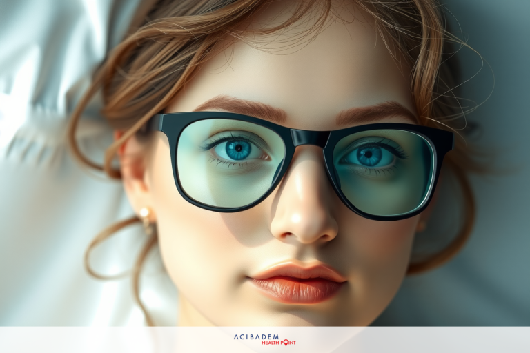 Woman lying down wearing eyeglasses, showcasing her blue eyes with a calm and serene expression.