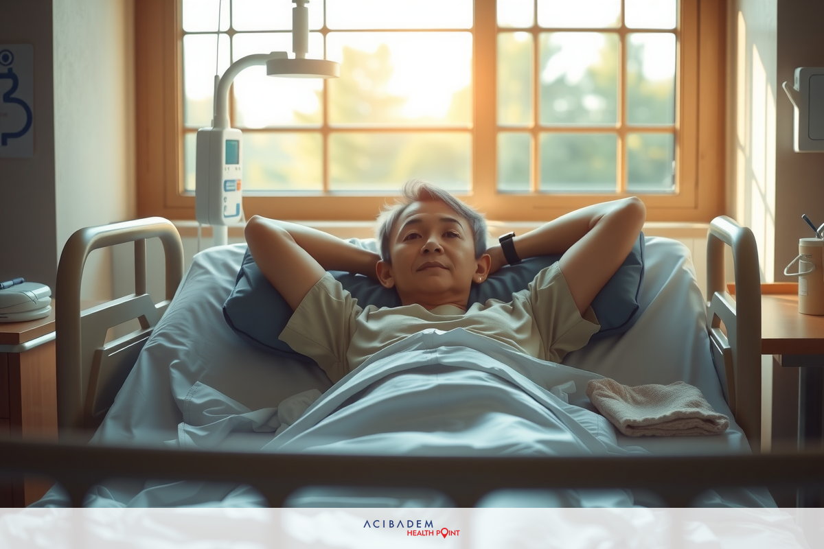 Man in hospital bed with hands behind his head, smiling. White wall with window and light shining through, indicating sunrise or sunset.