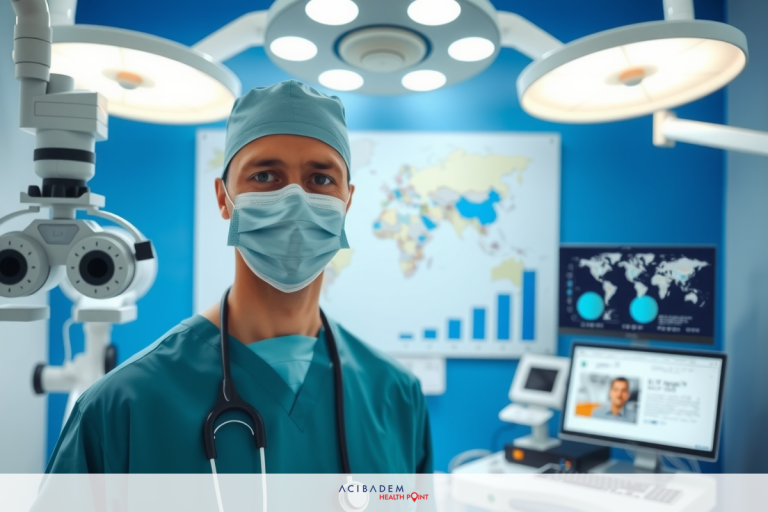 A doctor in a modern surgical room, wearing medical scrubs and a stethoscope, with digital equipment around him.