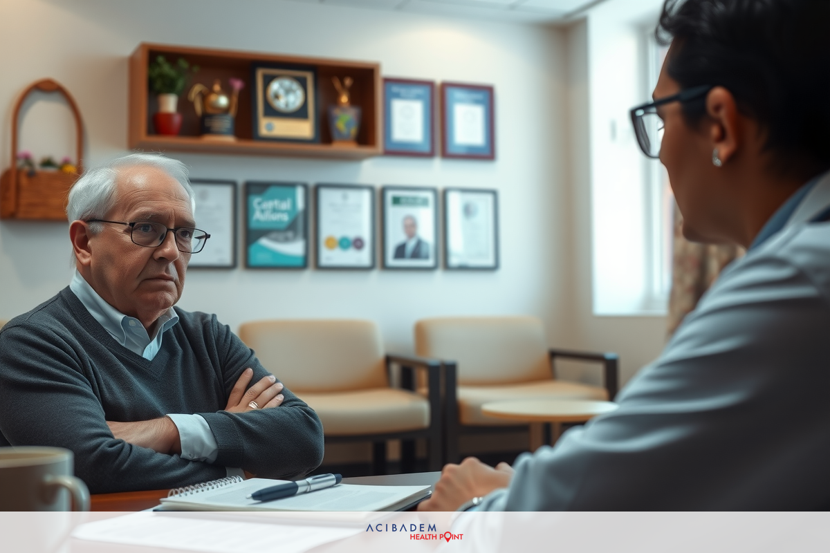 Two adults in a professional office environment. The man has his arms crossed while the woman is engaged in conversation. The room contains shelving with books, framed certificates, and decorative items such as potted plants, indicating this setting is likely an executive or corporate office.