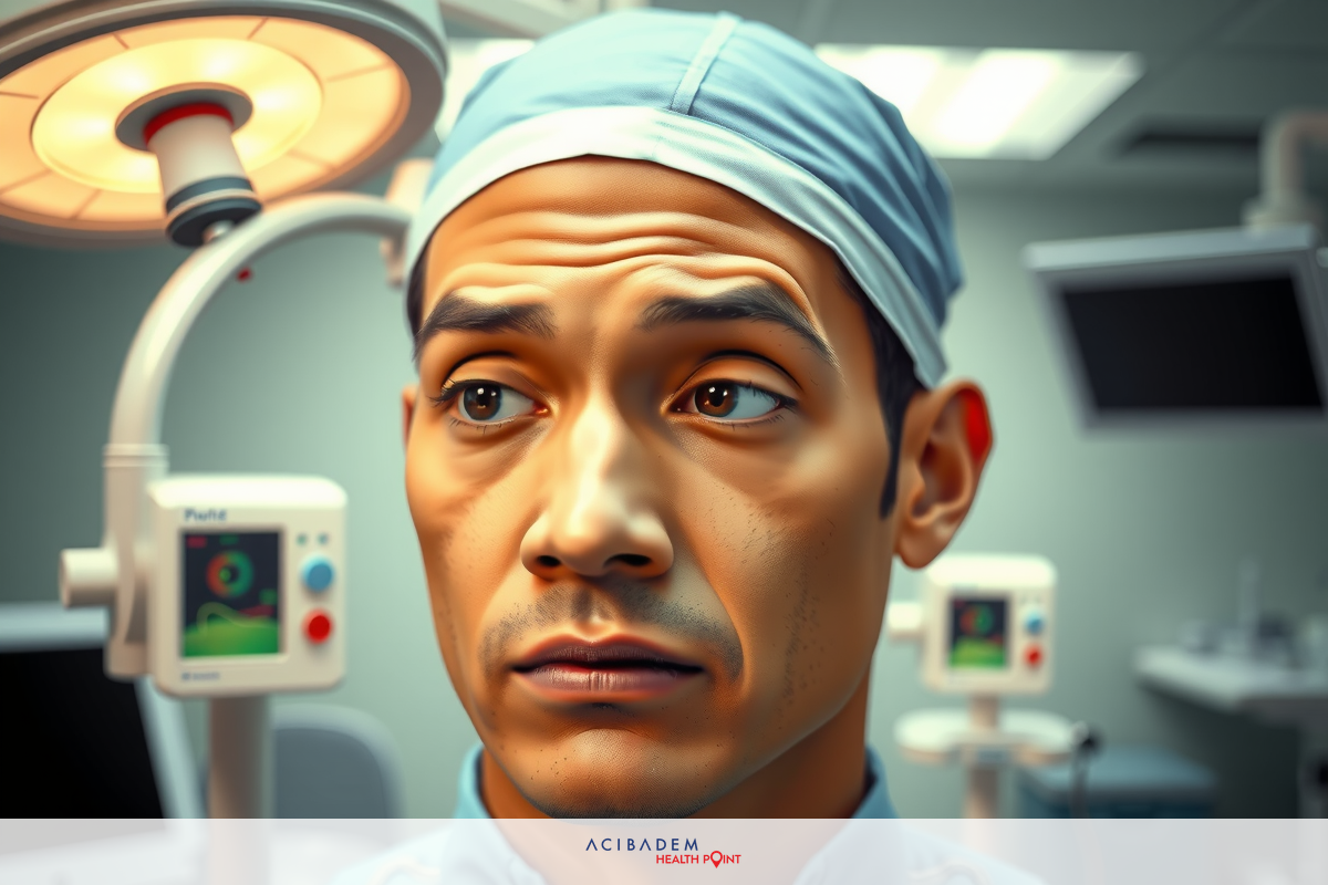 The image shows a male surgical staff in an operating room, wearing blue scrubs. The environment suggests a sterile and professional medical setting.