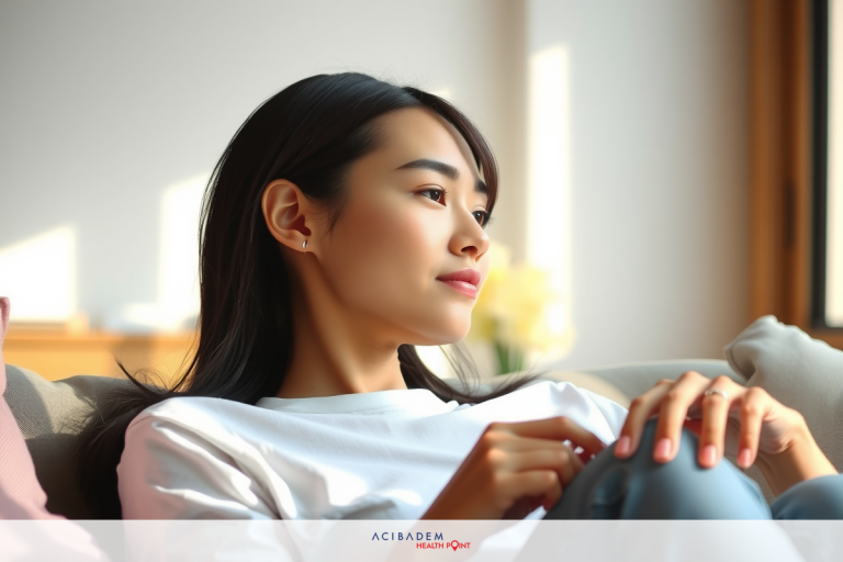 A woman sitting on a couch, smiling at the camera. She appears relaxed and is wearing a white top.