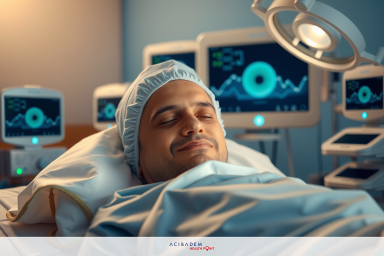 The image depicts a person lying in a hospital bed, connected to medical equipment. The individual is wearing a white gown and appears to be resting or possibly sedated.