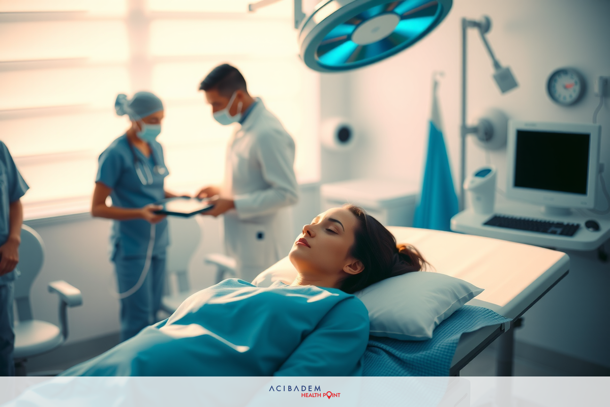 Surgical room with medical professionals and patient. Anesthesia equipment, monitors, and surgical instruments in sterile environment.