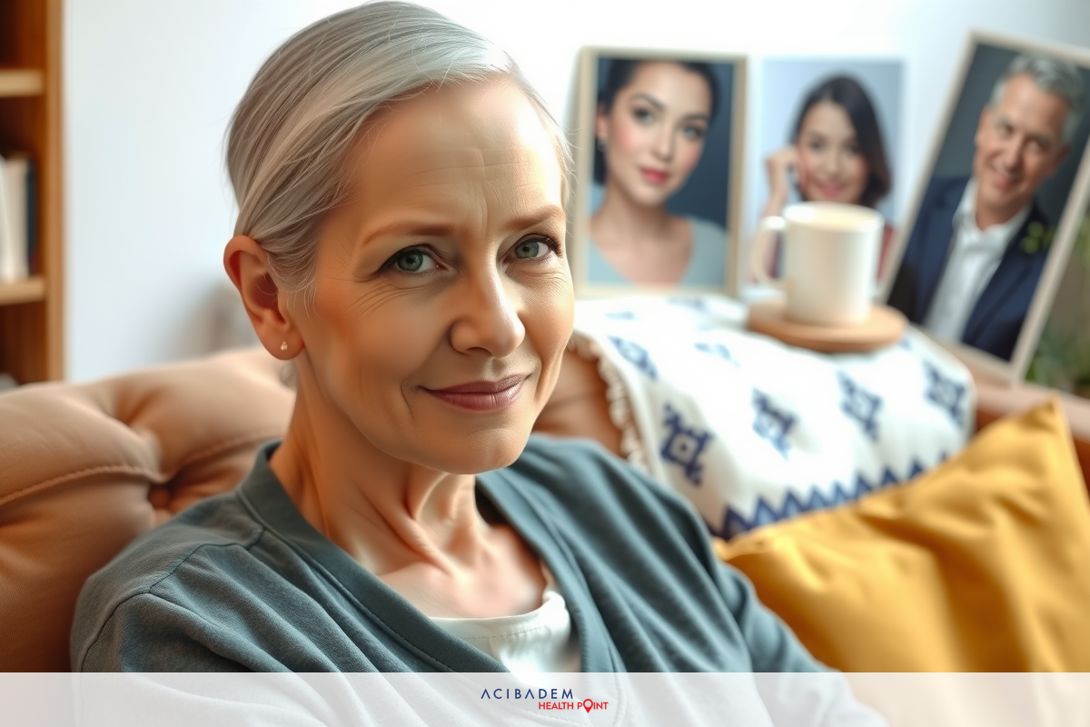 A woman in a gray top sitting on a couch with family portraits and mugs behind her. She has short gray hair and is smiling towards the camera.