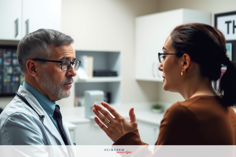 The image shows a scene with two people in a medical office. A male figure, possibly the doctor, stands to the left side of the frame. He is wearing glasses and seems focused on his patient.