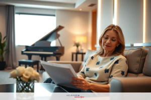 A woman sitting on a couch, wearing a patterned blouse. She is reading papers, in an indoor setting with a piano visible behind her.