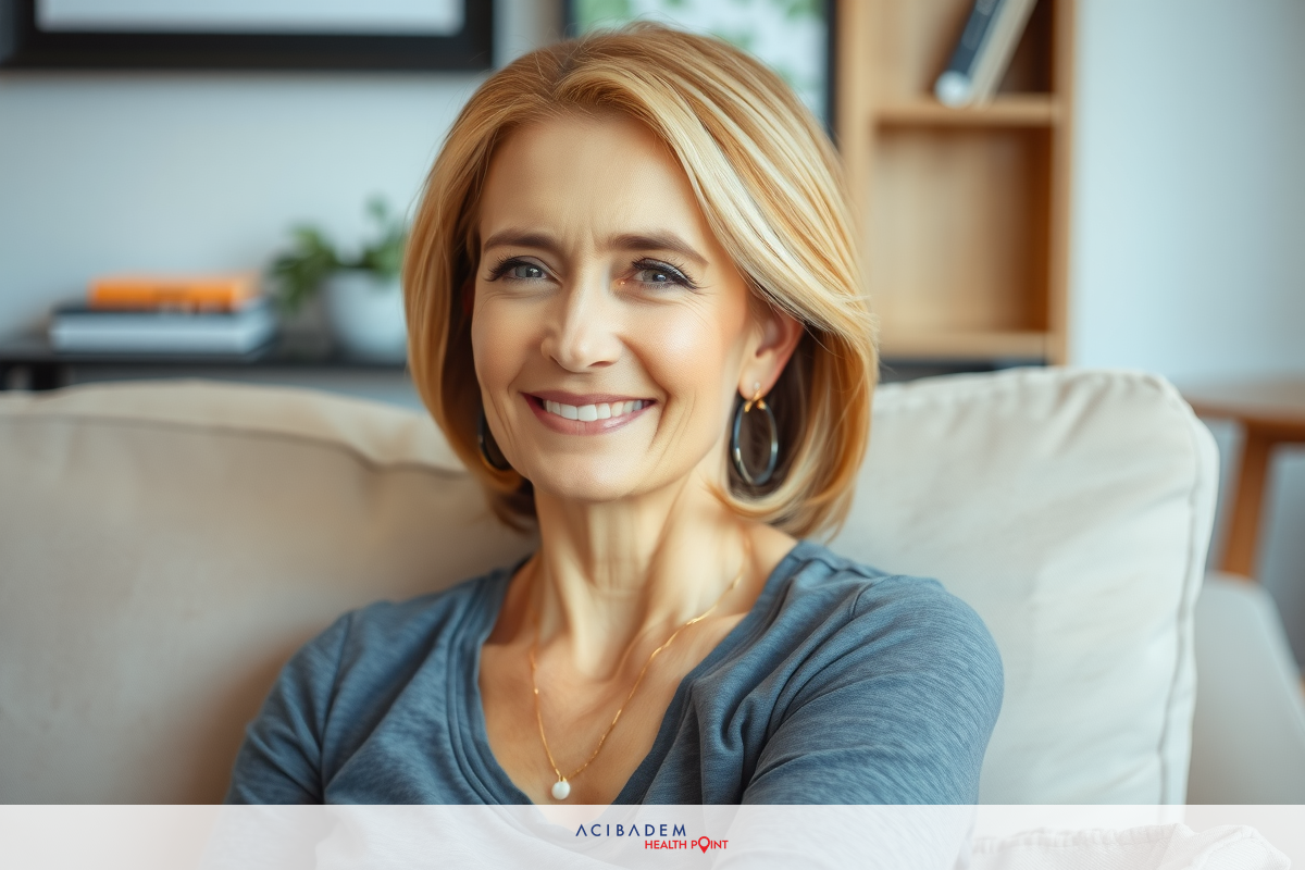 Woman with short blonde hair smiling, sitting on a couch in a living room, wearing a gray sweater.