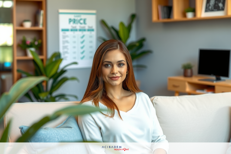 The image shows a woman seated on a couch in an office setting. She is wearing a white blouse and smiling at the camera. In the background, there are shelves with various items.