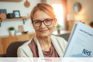 The image shows a woman seated in what appears to be a home office, reading a document. The document is open and contains text that reads 'NHS Laser Eye Surgery'.