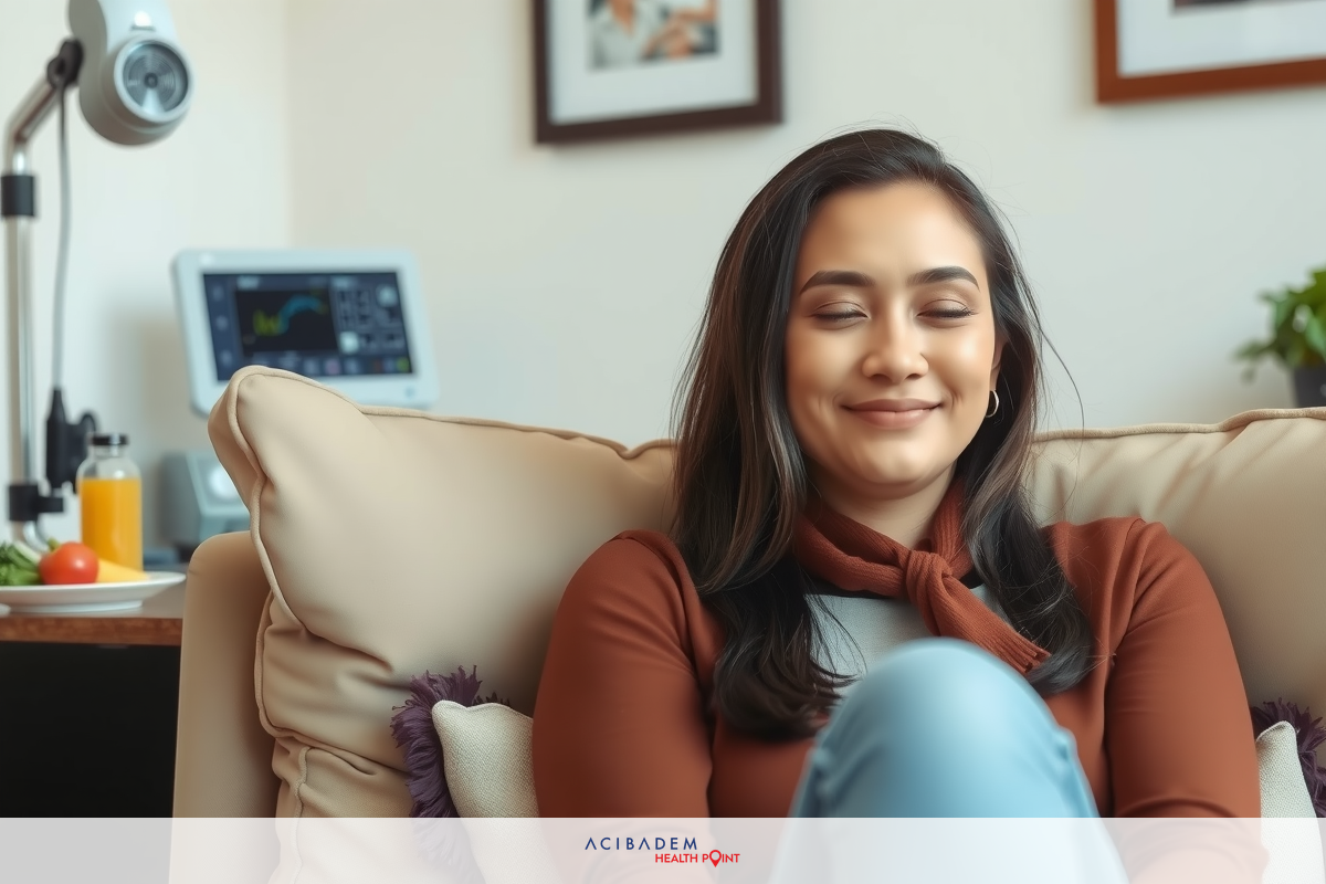 A woman sitting on a couch with her legs crossed, wearing a beige top and jeans. She is looking at the camera with a slight smile.
