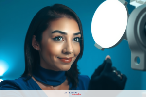 A woman wearing a blue top and holding a camera flash, looking at the camera with confidence. She is indoors with a blue background and her attire suggests she might be involved in photography or a similar field.