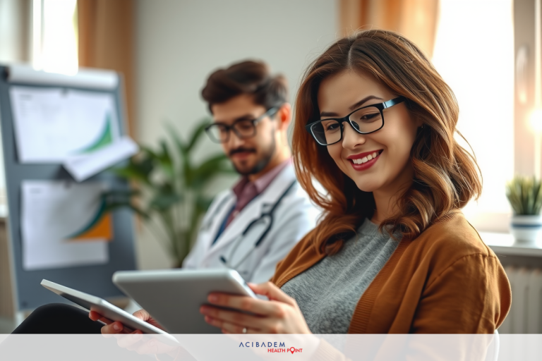 In a modern office setting, a woman in glasses and a brown jacket smiles as she looks at her tablet. A man wearing a white coat with a stethoscope around his neck is seated behind her.