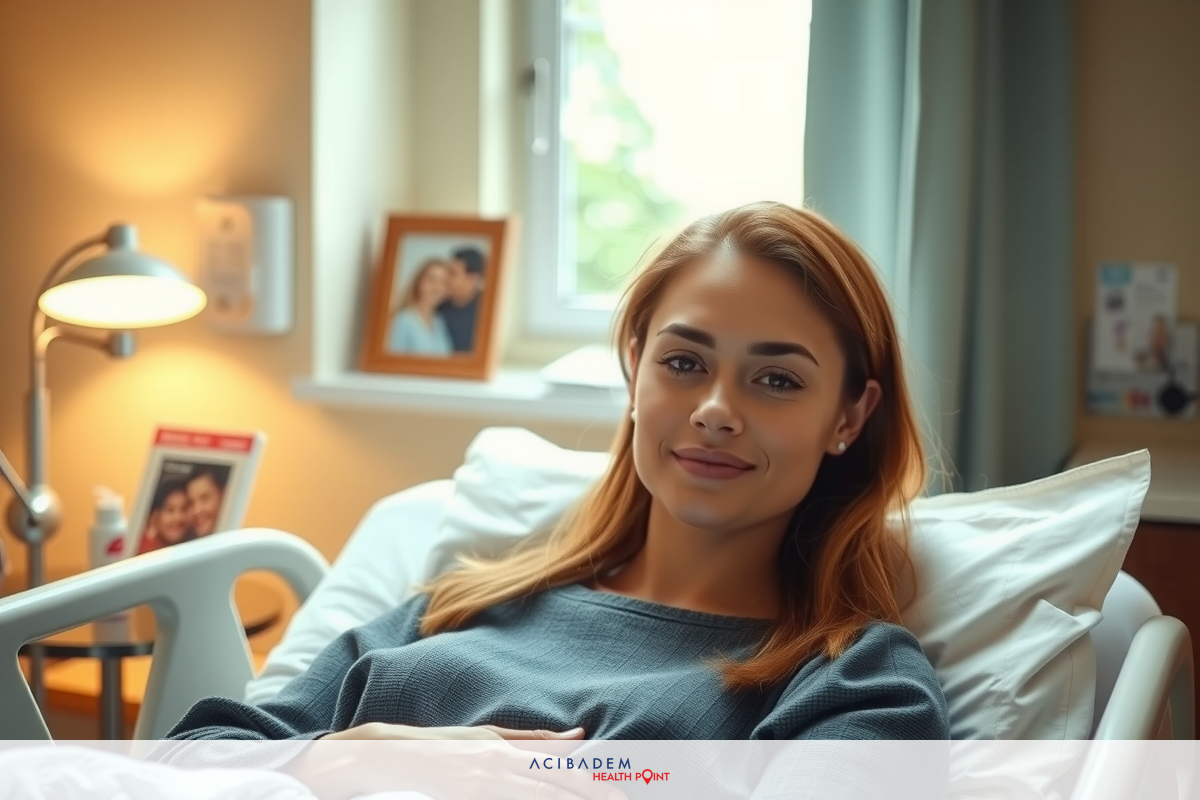 The image features a woman sitting on a hospital bed. She is smiling and appears to be engaged in conversation or interacting with someone off-camera. The room has a clinical ambiance, with medical equipment visible.
