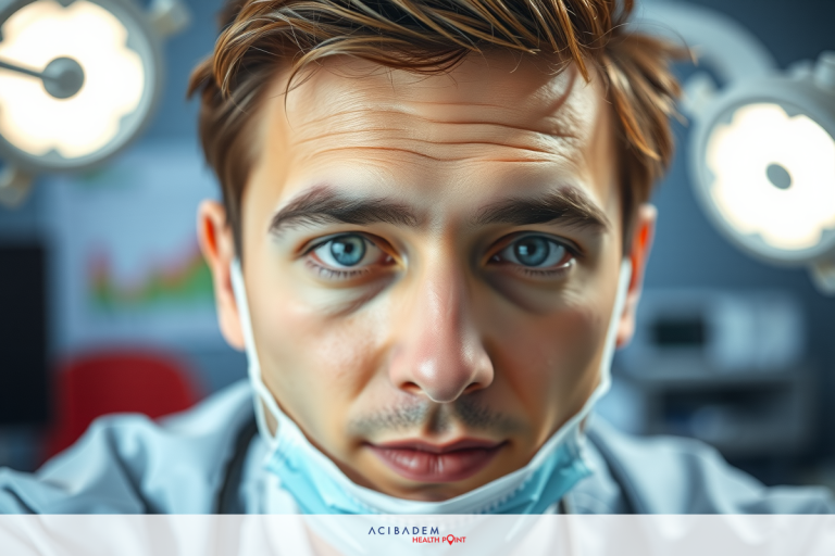 The image features a man wearing medical attire, including a surgical mask and scrubs. He is standing in what appears to be an operating room or a similar medical setting.