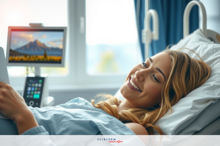 The image shows a woman lying in a hospital bed, smiling and looking at across. She is wearing a blue medical gown. There are monitors visible in the background