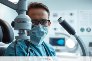 The image shows a medical professional wearing full protective attire, including a surgical mask. The individual is seated in an examination room setting, with various medical equipment visible around them.