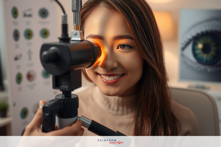 How Many Types of Laser Eye Surgery A woman smiling while being examined in an eye clinic. She holds a device to her face, possibly for an eye test or a vision screening.