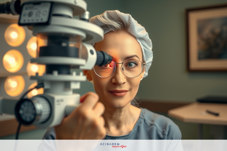 Which Is Better LASIK or LASEK Eye Surgery An elderly woman wearing glasses is using an optical device, possibly a lensometer, to examine something close to her eye. She is in a well-lit room with a focus lamp and other scientific equipment in the background.