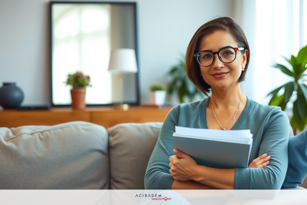 The image depicts a woman seated on a couch in what appears to be a living room. She is holding a book or binder, possibly indicating she is studying or reading for work.
