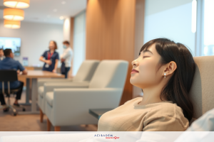 A woman in a brown top resting with her eyes closed in an office setting. She is seated in a chair in front of a beige couch and a white counter where other people are standing.