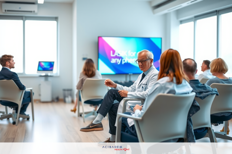 How Much Cost LASIK Eye Surgery in Germany People seated in a room, watching a presentation on large screen. Modern office environment with comfortable chairs and white walls. Professional atmosphere for a meeting or workshop.