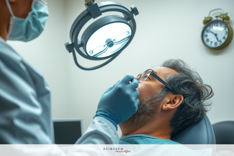 This image depicts a medical setting, where one person is wearing personal protective equipment (PPE) indicative of healthcare work and is engaged in examining or treating another individual who is seated.