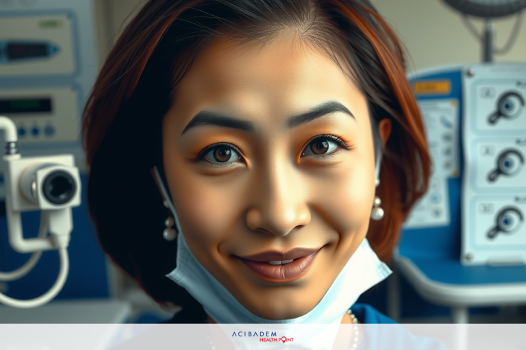 Can Your Eyes Decline After Laser Eye Surgery The image features a woman in a medical setting. She is smiling at the camera and wearing a surgical mask, which suggests she might be a healthcare professional or patient in a healthcare facility.