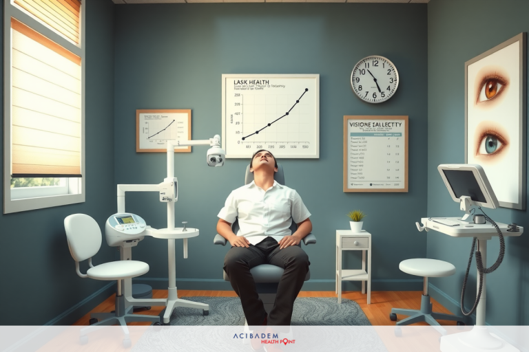 Does LASIK Increase Rate of Eye Deterioration The image shows a medical eye examination room. There is an ophthalmoscope on the table, and a seated patient with their head facing upwards, likely getting their eyes checked. The clinic environment is professional, with charts and graphs on the walls for data analysis.