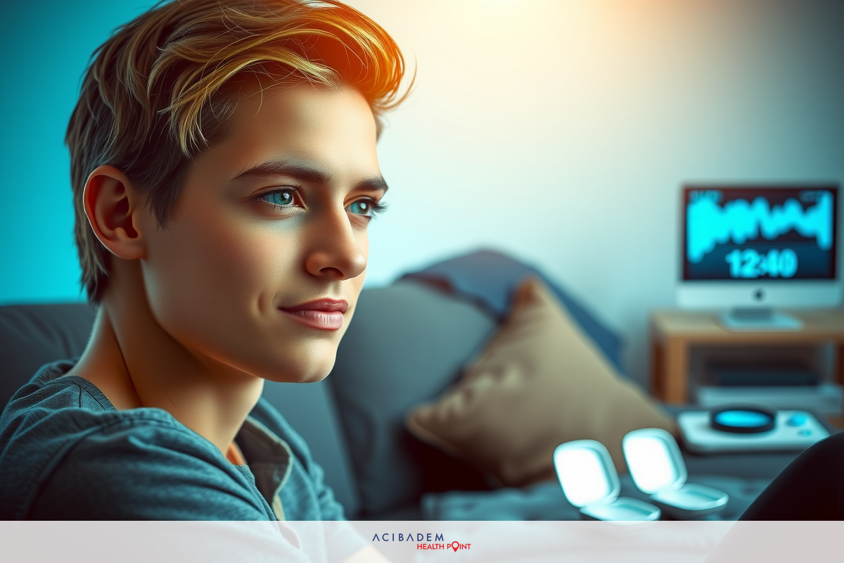 The image shows a young man sitting in a modern living room. He has short blond hair and a gentle smile on his face as he looks away from the camera. His attire consists of casual clothing, suggesting a relaxed environment. The room around him is filled with contemporary furnishings including a couch and a flat-screen television displaying blue light.