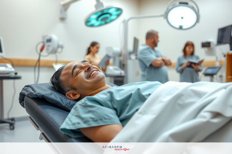 Smiling man in hospital bed, surrounded by medical staff who are also smiling. Hospital environment with medical equipment visible.