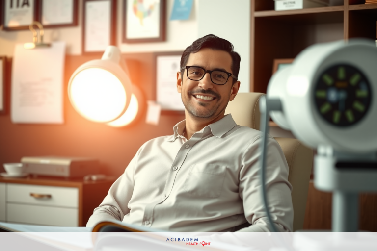 A man is sitting in an office environment, smiling at the camera. The desk has papers and a lamp with a reflective lens.