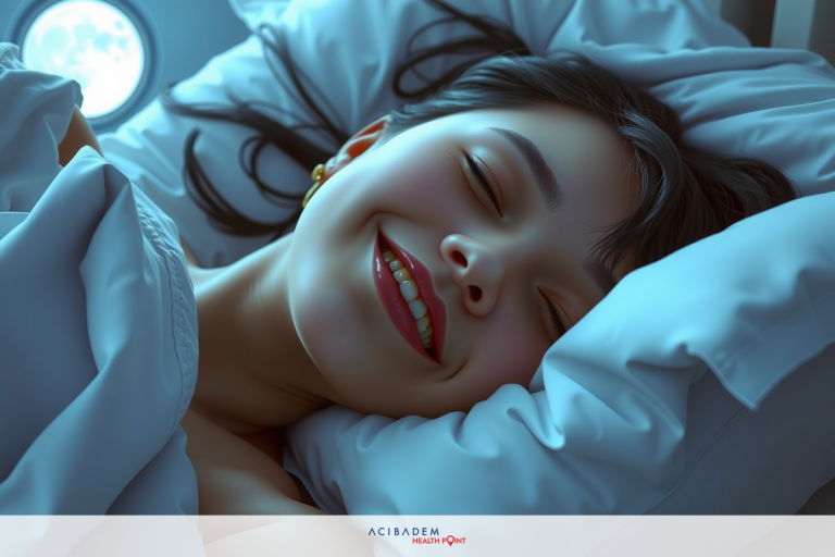 A woman lying in bed with her head on a pillow, smiling and seeming to be asleep or deeply rested. She has short brown hair. The room appears calm and serene.