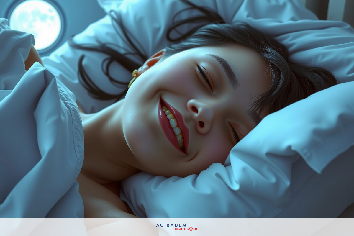 A woman lying in bed with her head on a pillow, smiling and seeming to be asleep or deeply rested. She has short brown hair. The room appears calm and serene.