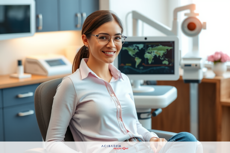 The image shows a woman sitting in a medical examination chair smiling at the camera. She is wearing glasses and a white blouse with a pink collar. To her right is a digital screen showing a map of the world or some kind of geographic data. The environment resembles a modern clinic office with a clean and professional atmosphere.