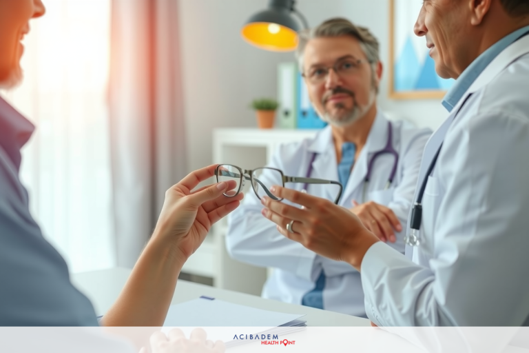 A doctor examining a patient's eye glasses. Two doctors in white coats discussing, with a nurse and patient as part of a medical consultation.