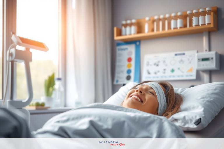 Can You Have Laser Eye Surgery After Corneal Ulcer? Satisfied female patient in a well-lit hospital room with a sunny window, smiling and relaxed on the bed. The environment is clean and modern with medical equipment and a plant on the windowsill.