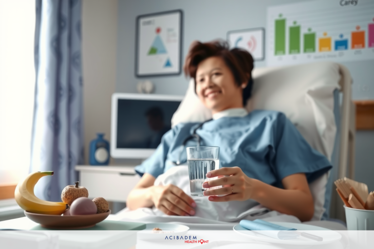 Smiling woman in hospital bed, surrounded by medical equipment and personal items. She holds a water bottle, with a bowl of fruit nearby.