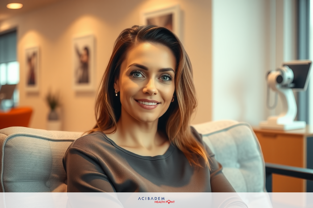 The image depicts a woman sitting in an office environment. She is dressed professionally, likely for a business setting, and her expression is pleasant. The room features comfortable furniture and framed artwork on the walls, suggesting a modern and well-decorated workspace.