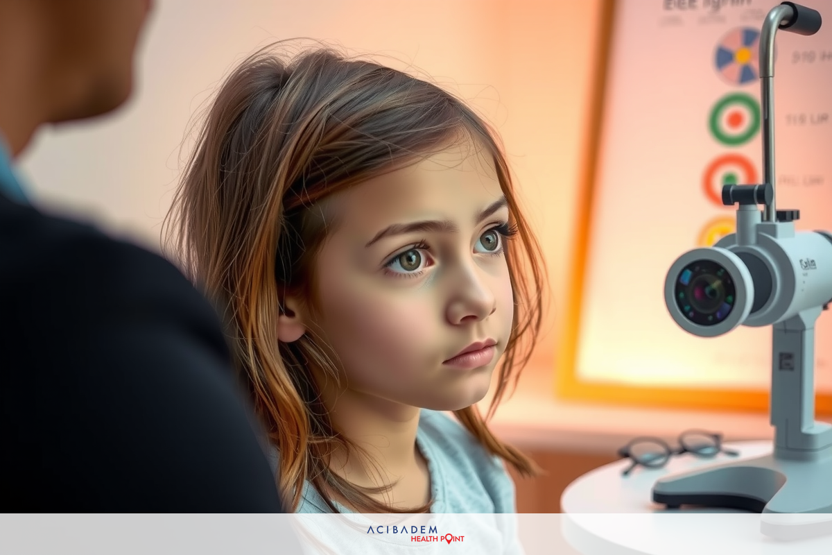 A young girl is sitting in a chair, being examined by an eye specialist. She looks at the camera with a slight frown on her face. The doctor has a stethoscope around his neck.